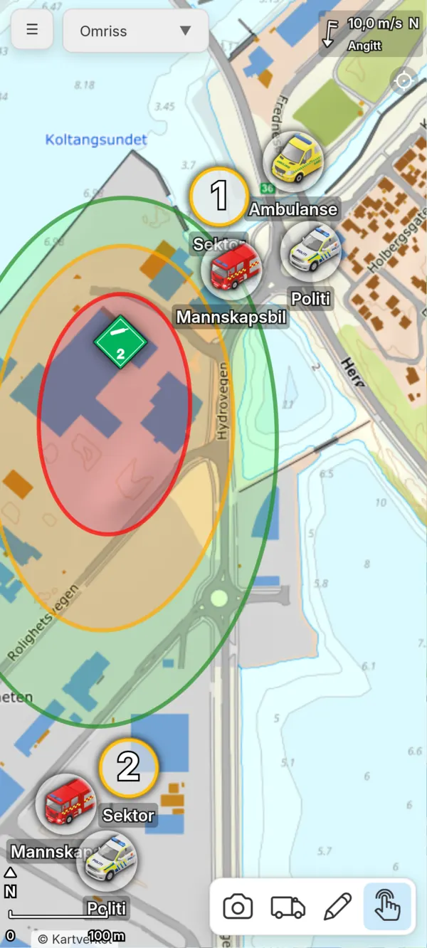 iPhone showing Syncmap with CBRNE hazard zones drawn around an industrial site