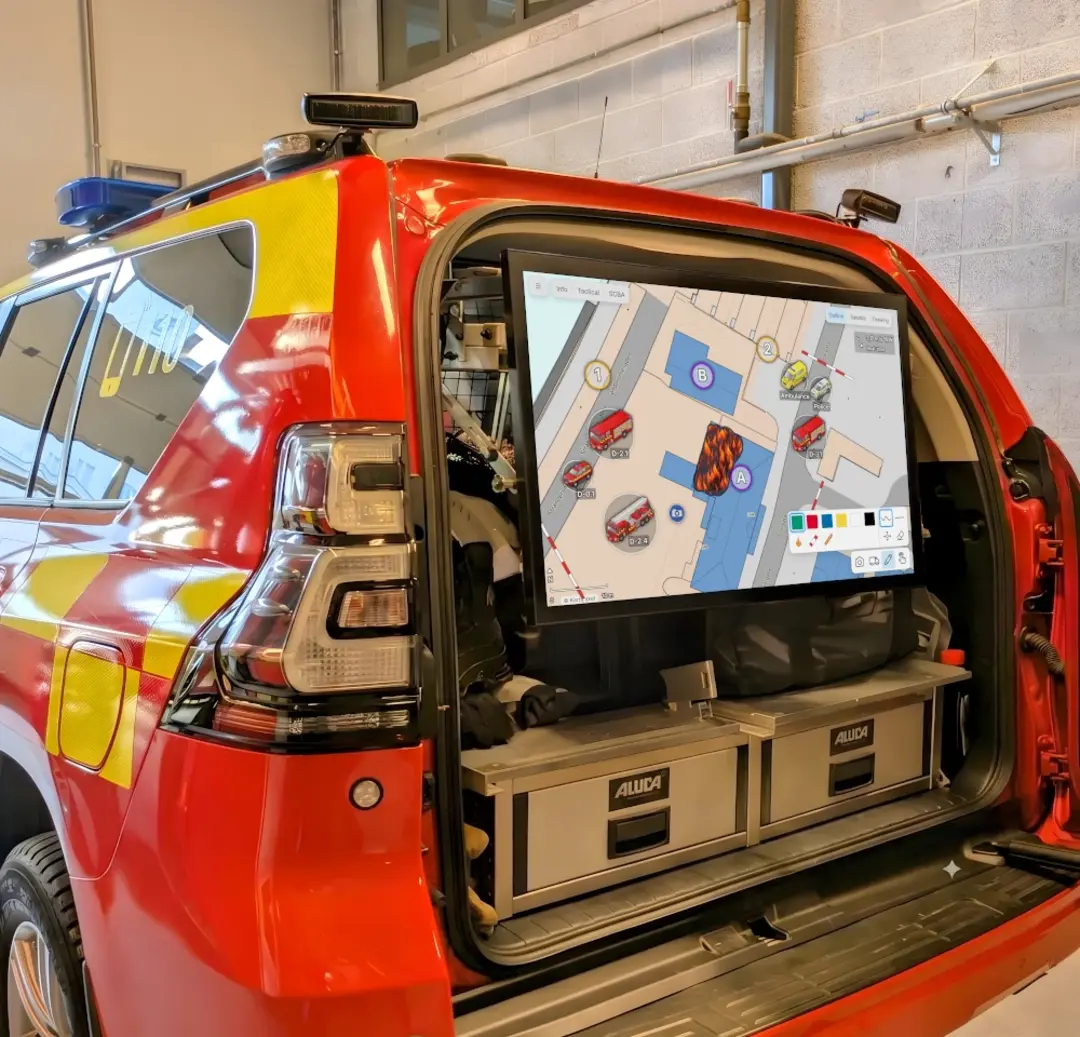 A Syncmap tablet mounted in a fire and rescue vehicle