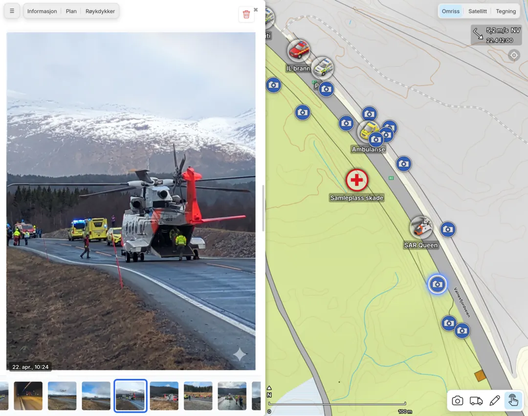 Syncmap showing a field photo of a SAR helicopter alongside a map with photo pins marking incident locations